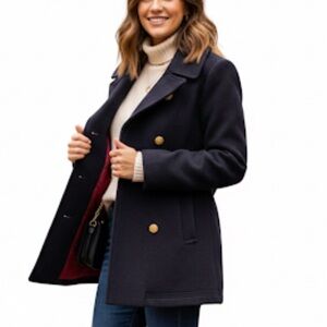 J.Crew Wool Peacoat Navy Gold Buttons Red Lining Classic Double Breasted Preppy‎